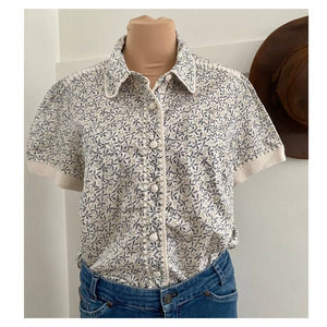 J Jill 100% Cotton Print Blouse with Crochet Detail M